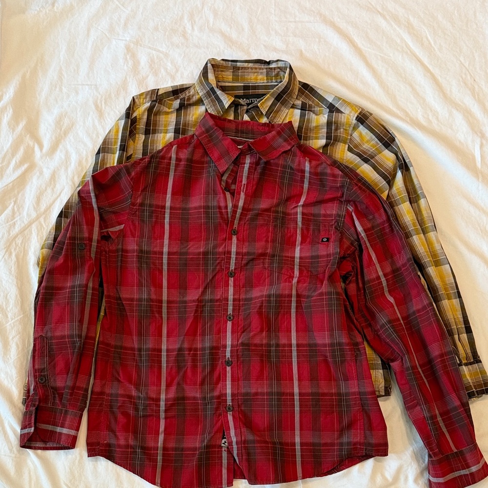 Marmot Red and Yellow Plaid Button Down Shirts Set of 2